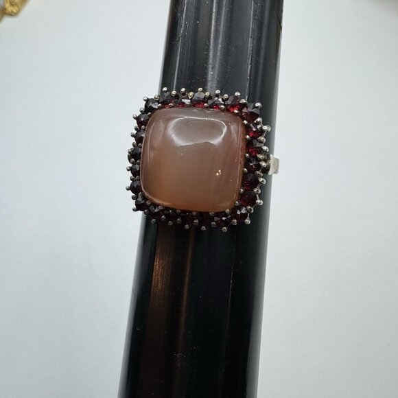 Stunning VTG Sterling Silver Garnet & Agate Set Necklace Earrings Ring Circa 50s - Picture 11 of 16